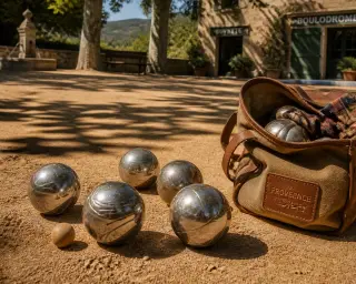 Shiny pétanque balls on a sunlit dirt playing field under plane tree shadows, with a traditional open bag nearby in a warm Provençal setting.